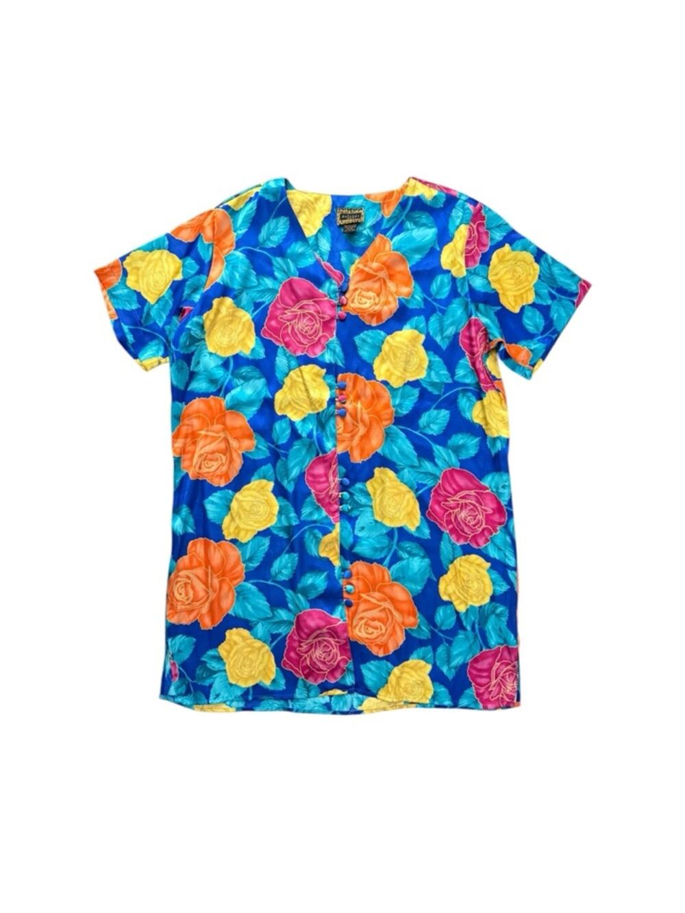 Vintage 90s Solange Satin Floral Button Front House Dress Blue Rose Print 14/16